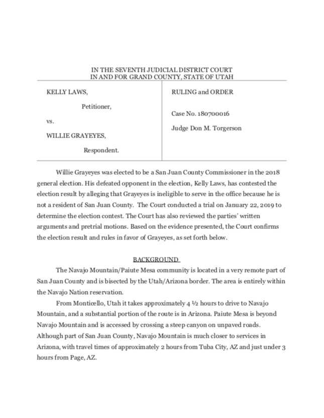 7th District Judge Rules Commissioner Willie Grayeyes Is Utah&nbsp;Resident